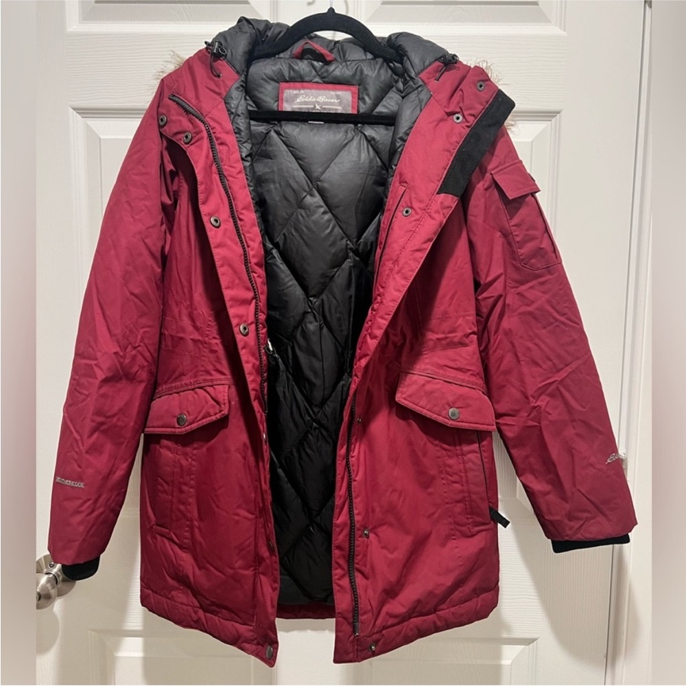 EDDIE BAUER Superior III Down Parka with Faux Fur Hood Dark Berry Small - Picture 7 of 10